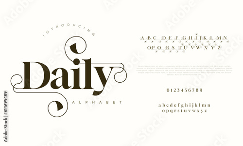 Daily elegant luxury abstract wedding fashion logo font alphabet. Minimal classic  urban fonts for logo, brand etc. Typography typeface uppercase lowercase and number. vector illustration