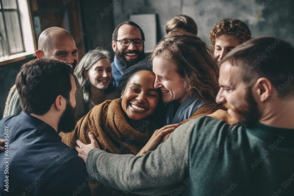 group classes in psychology. hugging people as a concept of psychological health, kindness, help. generative artificial intelligence group classes in psychology. hugging people as a concept of psychological health, kindness, help. generative artificial intelligence