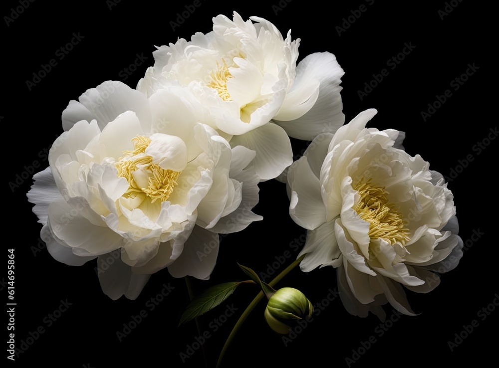 Fresh white peony flowers on dark table background. Condolence card. Empty place for emotional, sentimental text, quote or sayings. Closeup. Created with Generative AI technology. Fresh white peony flowers on dark table background. Condolence card. Empty place for emotional, sentimental text, quote or sayings. Closeup. Created with Generative AI technology.