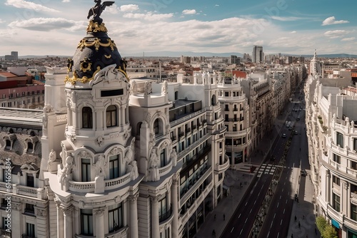 Luxury rooftop terrace overlooking Gran Via in Madrid, generative ai