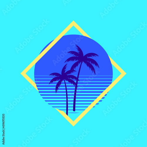 Sunset beach california retro icon. 90s Palm retro california circle gradient silhouette vintage 80s disco print hawai vacation.