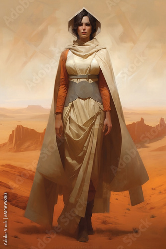 Photo illustration of white and orange costume design concept for cover and protection on the desert with model standing highlight with dark beige and gold 