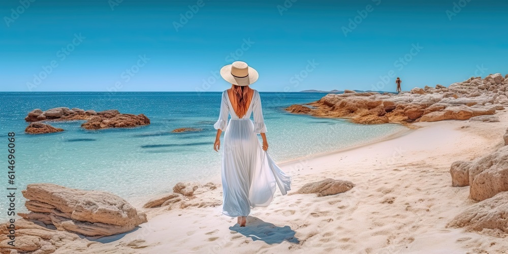 Luxury lifestyle. Relaxing beach holiday with beautiful summer travel with young woman in white dress and hat enjoying the sea view Luxury lifestyle. Relaxing beach holiday with beautiful summer travel with young woman in white dress and hat enjoying the sea view