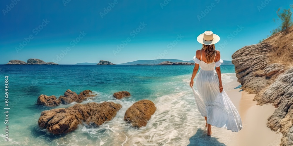 Luxury lifestyle. Relaxing beach holiday with beautiful summer travel with young woman in white dress and hat enjoying the sea view Luxury lifestyle. Relaxing beach holiday with beautiful summer travel with young woman in white dress and hat enjoying the sea view