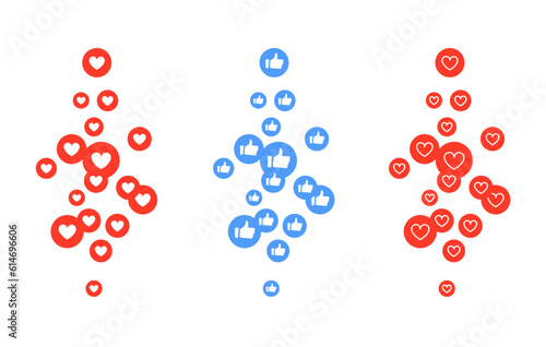 Flying like icon set social media. Thumb up 3d reaction emoji network comment vector logo love marketing like icon.