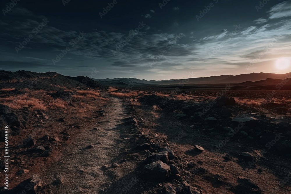 A desolate path leading to a stunning skyline. Generative AI
