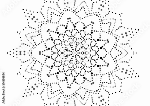 Black Mandala dot painting design, Aboriginal traditional pattern with dots in white on black, retro mosaic, traditional art, monochrome dot pattern, detailed round ornament