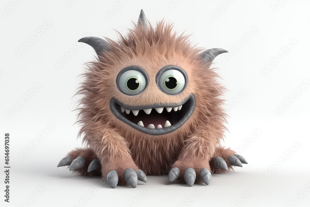 Brown fluffy cartoon character monster isolated on white background. Monster with horns, funny mascot. Generative AI 3d render illustration imitation. Brown fluffy cartoon character monster isolated on white background. Monster with horns, funny mascot. Generative AI 3d render illustration imitation.