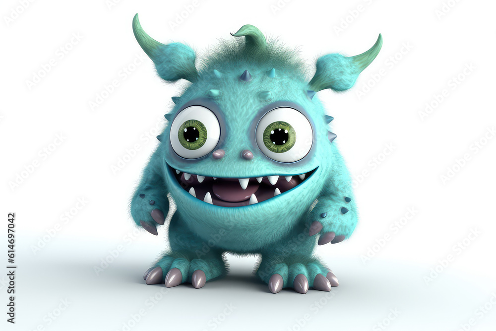 Blue fluffy cartoon character monster isolated on white background. Monster with horns, funny mascot. Generative AI 3d render illustration imitation. Blue fluffy cartoon character monster isolated on white background. Monster with horns, funny mascot. Generative AI 3d render illustration imitation.