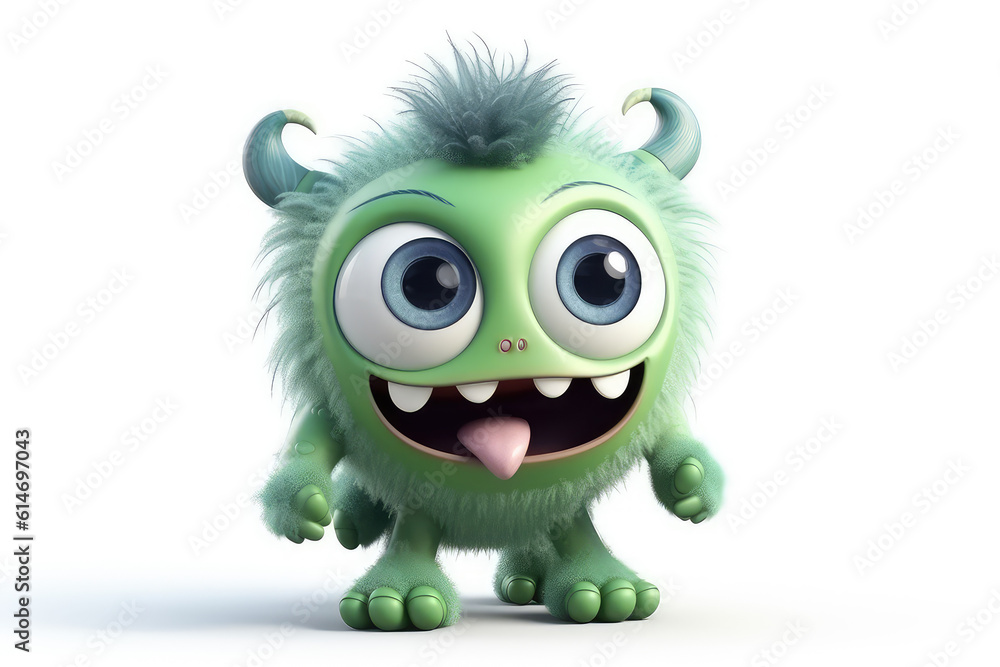 Green fluffy cartoon character monster isolated on white background. Monster with horns, funny mascot. Generative AI 3d render illustration imitation. Green fluffy cartoon character monster isolated on white background. Monster with horns, funny mascot. Generative AI 3d render illustration imitation.