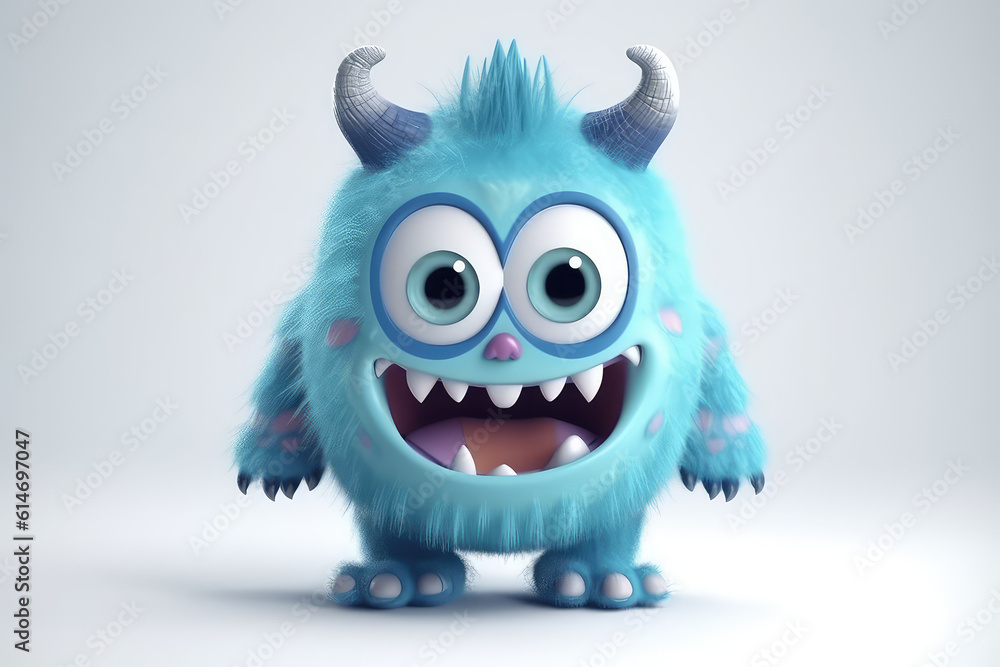 Cute Blue fluffy cartoon character monster isolated on white background. Monster with horns, funny mascot. Generative AI 3d render illustration imitation.