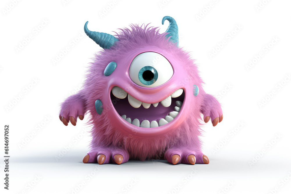 Pink fluffy cartoon character monster isolated on white background. Monster with horns, funny mascot. Generative AI 3d render illustration imitation.