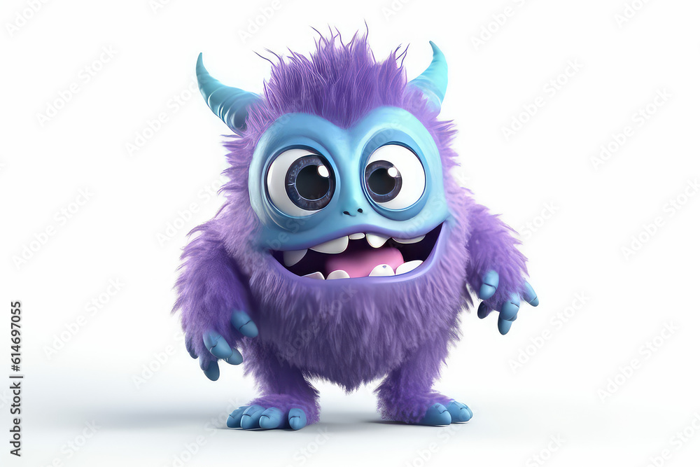 Purple fluffy cartoon character monster isolated on white background. Monster with horns, funny mascot. Generative AI 3d render illustration imitation.