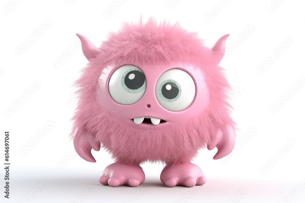 Crazy Pink fluffy cartoon character monster isolated on white background. Monster with horns, funny mascot. Generative AI 3d render illustration imitation.
