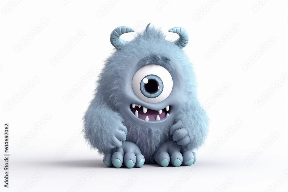 Pretty Blue fluffy cartoon character monster isolated on white background. Monster with horns, funny mascot. Generative AI 3d render illustration imitation. - obrazy, fototapety, plakaty 