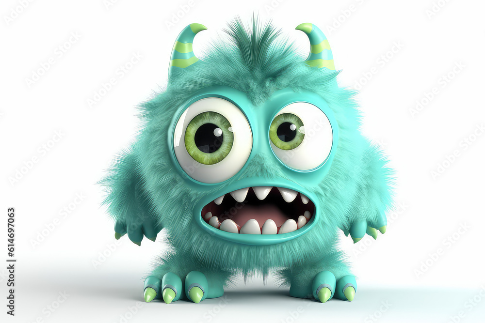 Green fluffy cartoon character monster isolated on white background. Pretty Monster with horns, funny mascot. Generative AI 3d render illustration imitation.