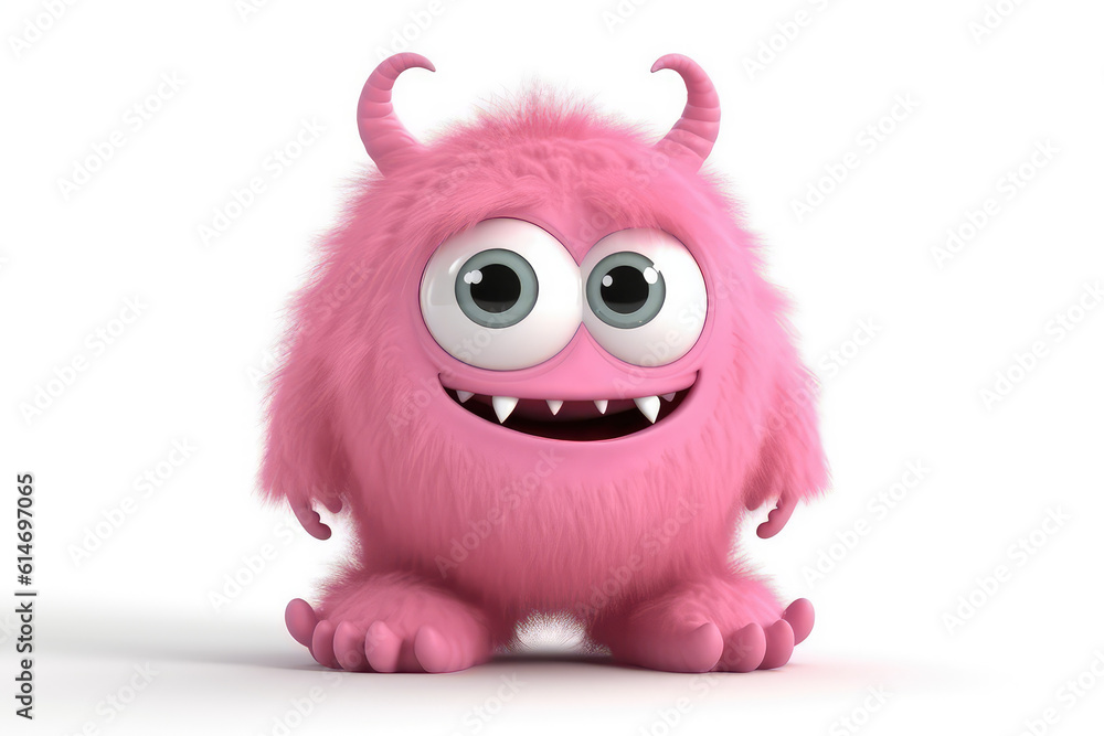 Cute Pink fluffy cartoon character monster isolated on white background. Monster with horns, funny mascot. Generative AI 3d render illustration imitation.