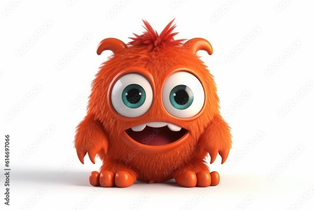 Orange fluffy cartoon character monster isolated on white background. Monster with horns, funny mascot. Generative AI 3d render illustration imitation.