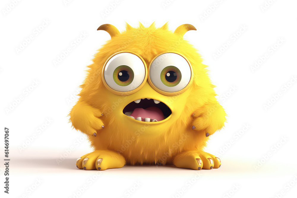 Yellow fluffy cartoon character monster isolated on white background. Monster with horns, funny mascot. Generative AI 3d render illustration imitation. Yellow fluffy cartoon character monster isolated on white background. Monster with horns, funny mascot. Generative AI 3d render illustration imitation.