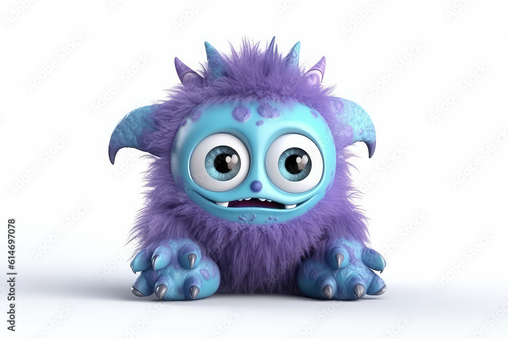 Purple fluffy cartoon character monster isolated on white background. Monster with horns, funny mascot. Generative AI 3d render illustration imitation.