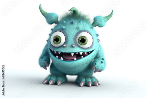 Blue fluffy cartoon character monster isolated on white background. Monster with horns, funny mascot. Generative AI 3d render illustration imitation.