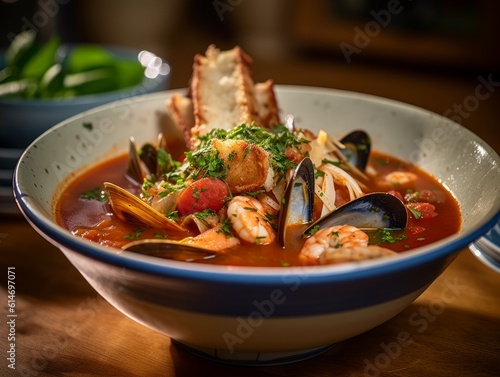 Cioppino with a variety of seafood, herbs, and tomato broth in a white bowl