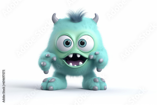 Blue baby fluffy cartoon character monster isolated on white background. Monster with horns  funny mascot. Generative AI 3d render illustration imitation.