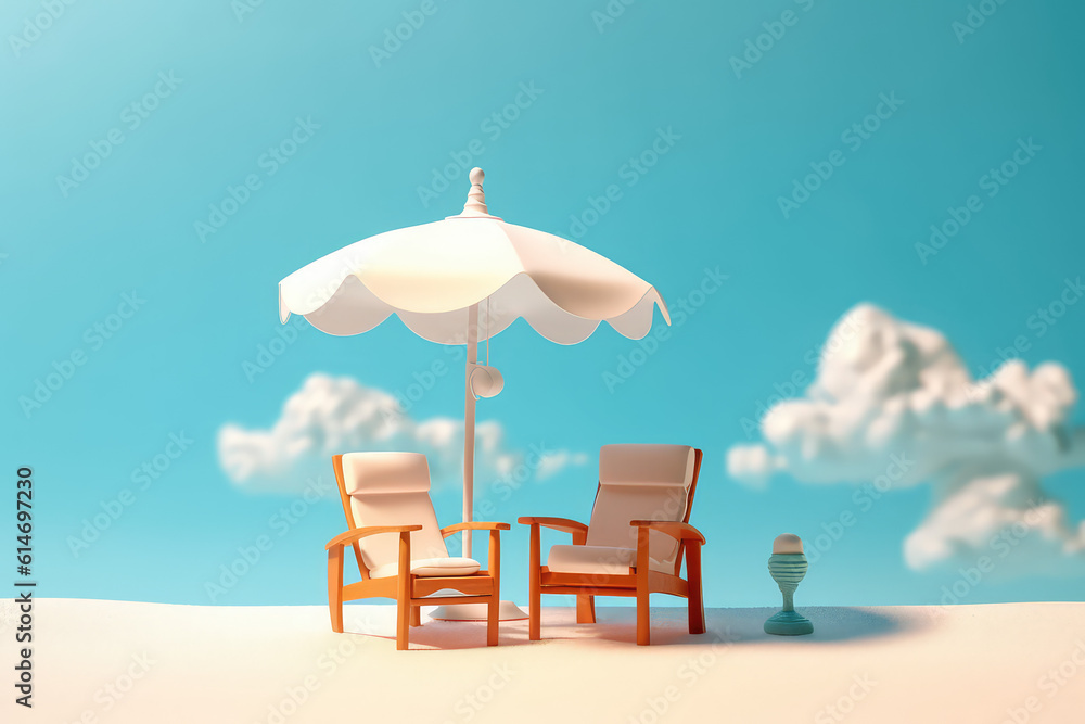 Beach chair and white beach umbrella in cartoon plastic style against a sunny bright blue sky backdrop with clouds. Generative AI 3d render illustration.