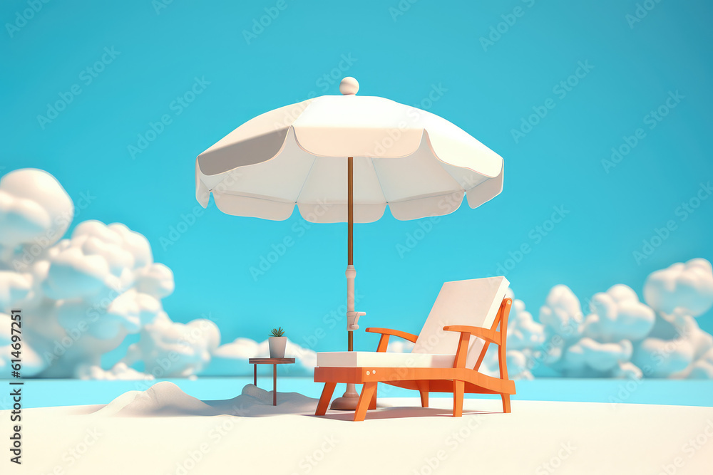 Beach chair and white beach umbrella in cartoon plastic style against a summer sunny bright blue sky with clouds. Generative AI 3d render illustration.