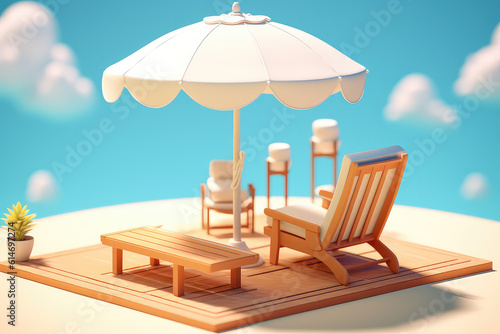 Beach chair and white beach umbrella in cartoon plastic style against a summer sunny blue sky with clouds. Generative AI 3d render illustration.