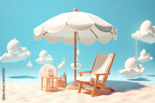 Beach chair and white beach umbrella in cartoon clay style against a sunny blue sky with clouds. Generative AI 3d render icon illustration. © SnowElf