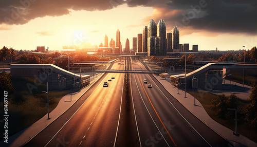 Sunset over the city, a view of the city showing a road and a town, Generative AI © drizzlingstarsstudio