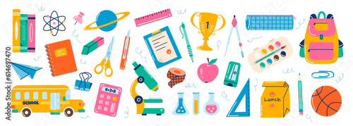 School elements set. Vector flat illustration in hand drawn style. Back to school