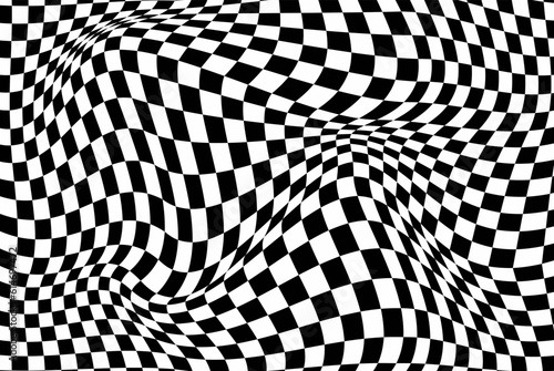 Abstract black and white background, distorted checkered pattern, illusion background.