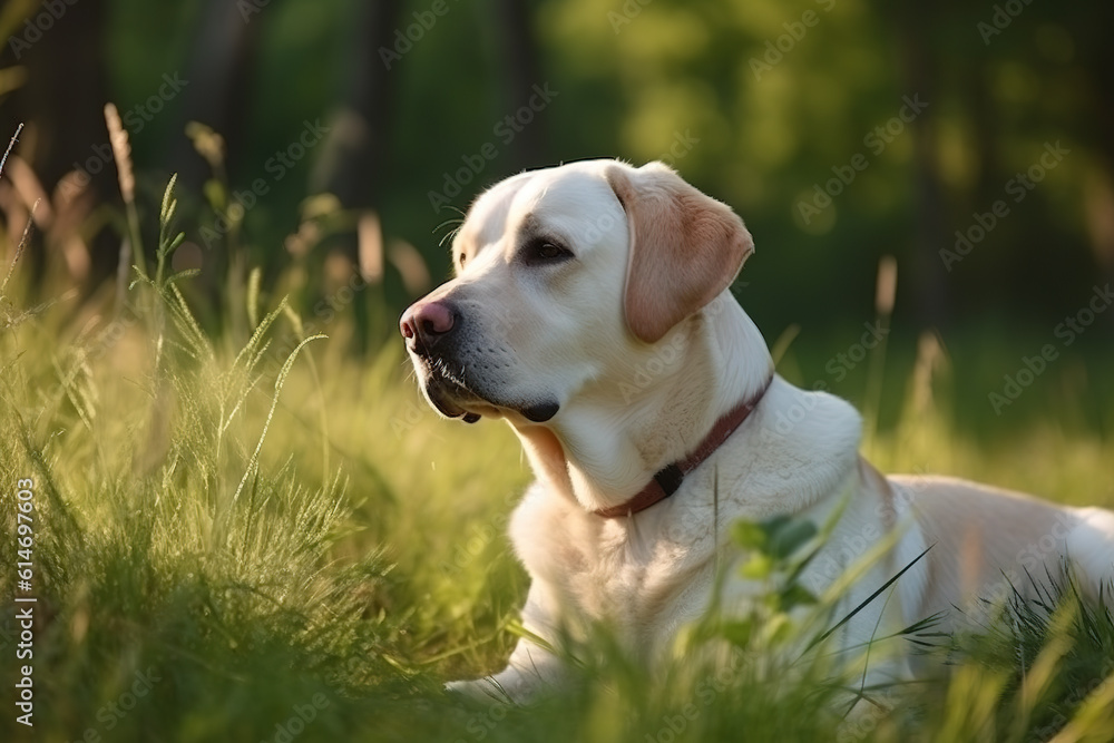 Image of labrador dog resting on green pasture grass on summer. Pet. Animals. Illustration. Generative AI. Image of labrador dog resting on green pasture grass on summer. Pet. Animals. Illustration. Generative AI.