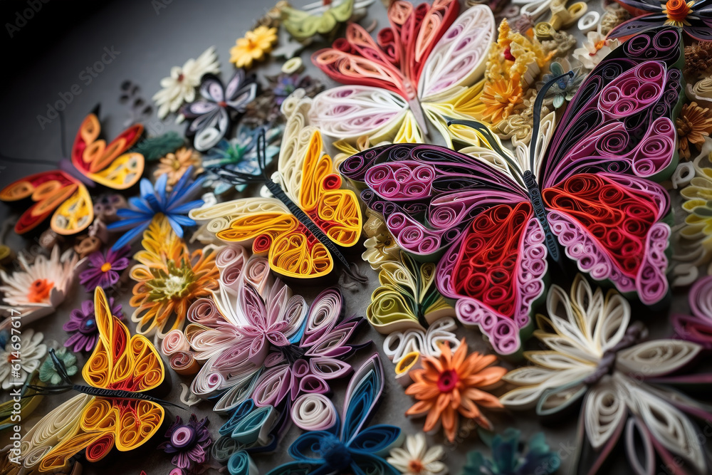 Image of butterflies and flowers in style paper quilling art beautiful colors type low relief. Insect. Illustration, generative AI.