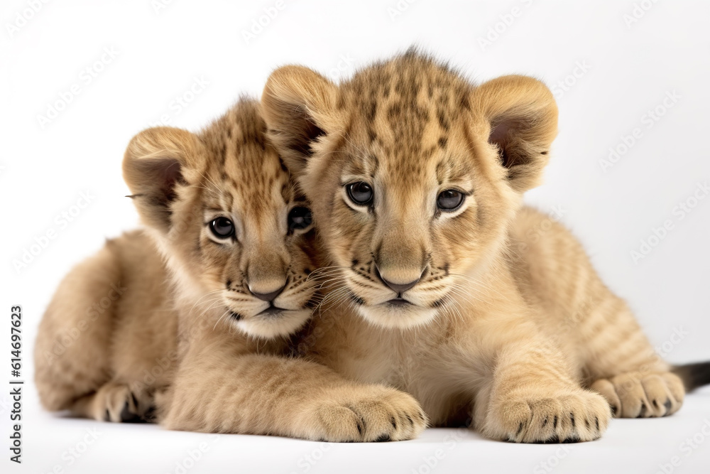 Obraz premium Image of two baby lions cubs cuddle together on white background. Wildlife Animals. Illustration, Generative AI.