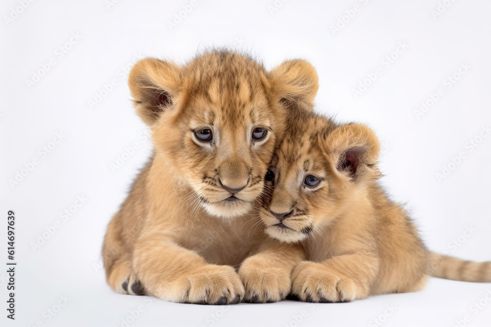 Image of two baby lions cubs cuddle together on white background. Wildlife Animals. Illustration, Generative AI. Image of two baby lions cubs cuddle together on white background. Wildlife Animals. Illustration, Generative AI.