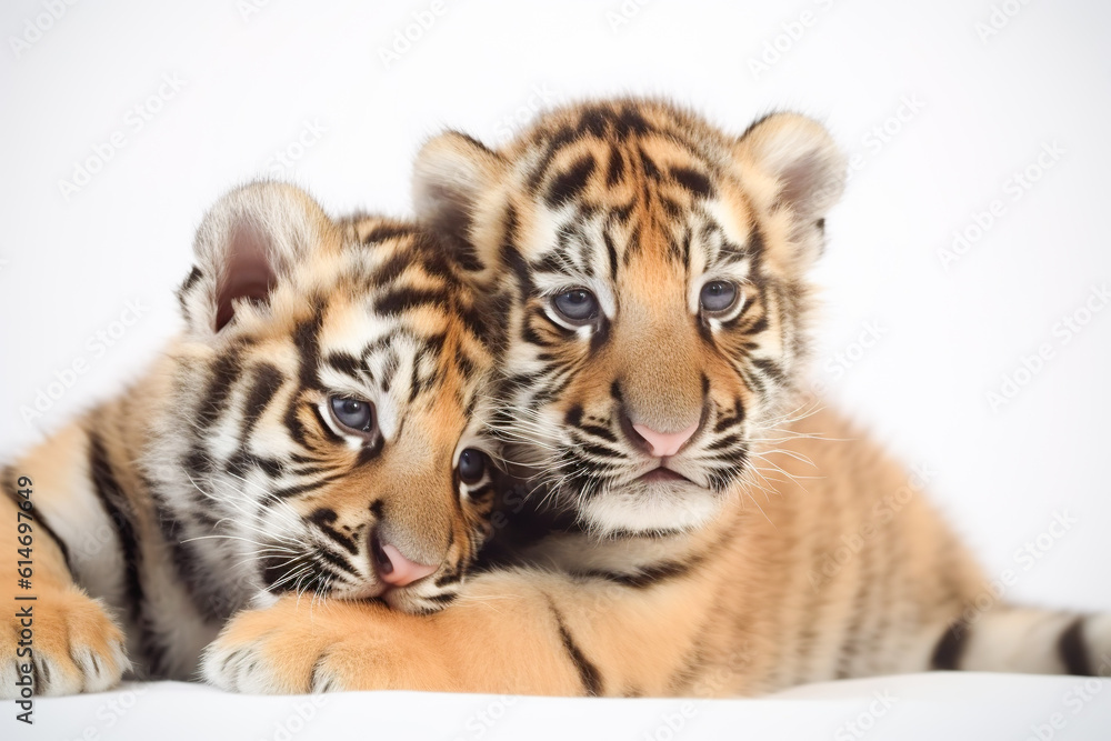 Image of two baby tigers cubs cuddle together. Wildlife Animals. Illustration, Generative AI.