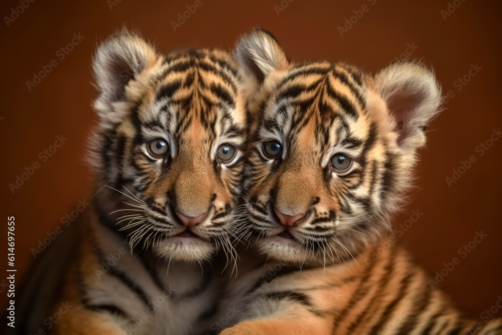 Fototapeta premium Image of two baby tigers cubs cuddle together. Wildlife Animals. Illustration, Generative AI.