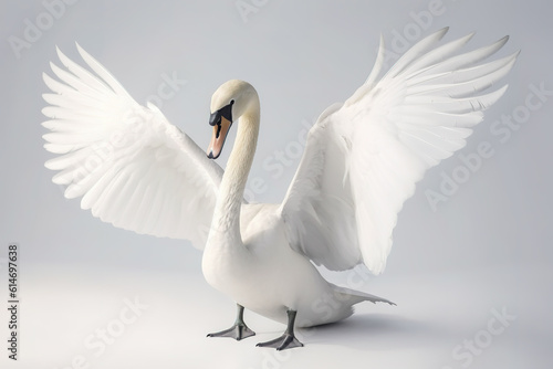 Image of a swan is flapping its wings on a white background. Wild Animals. Birds. Illustration. Generative AI.