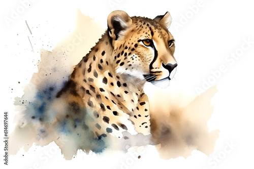 Watercolor painting of a spotted cheetah on a white background. Wildlife Animals. Illustration, generative AI.