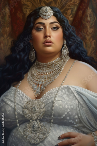 portrait of a oversize middle east woman with fancy make up in white lace wedding dress and full jewelry 