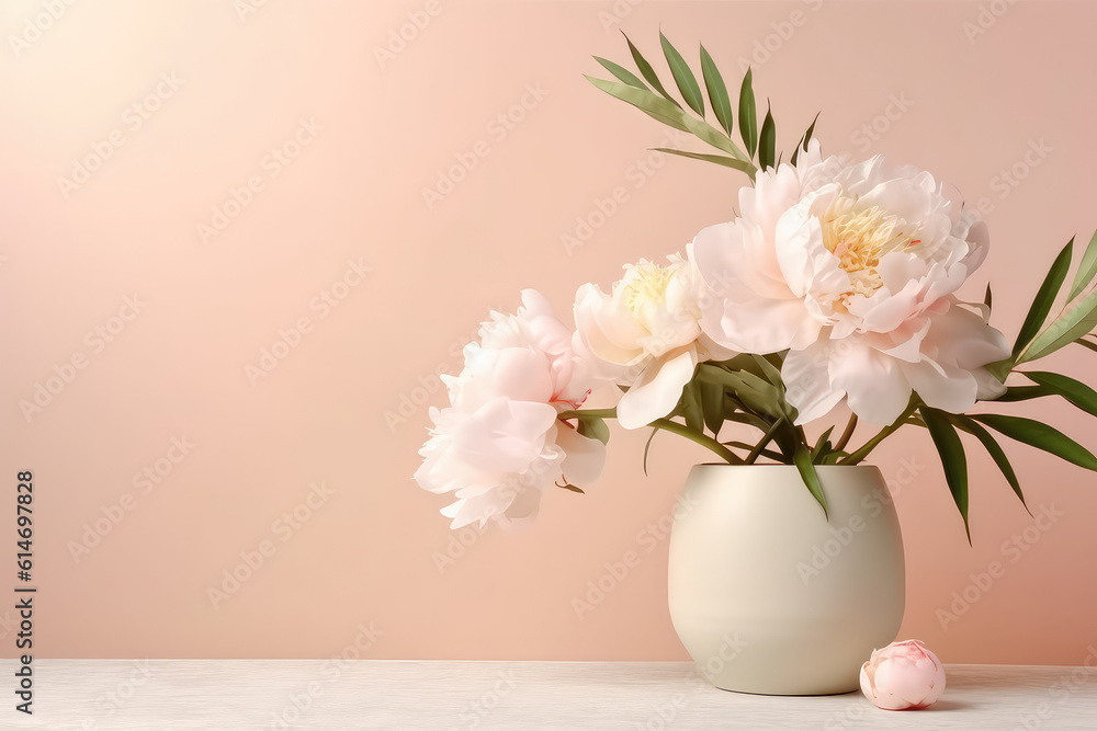 Beautiful blooming white peonies bouquet in a round white vase against a wall of pastel beige with copy space. Flower banner template. Generative AI photo imitation.
