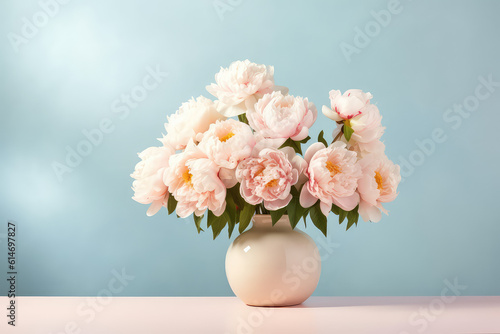 Wallpaper Mural Beautiful blooming white peonies bouquet in a round beige vase against a wall of pastel blue with copy space. Flower banner template. Generative AI photo imitation. Torontodigital.ca