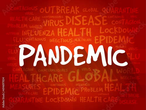 Pandemic is an epidemic of an infectious disease that has spread across a large region, continents or worldwide, word cloud concept background