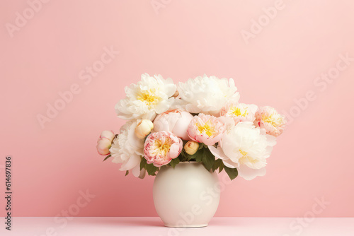 Beautiful blooming white peonies bouquet in a round white vase against a wall of pastel pink with copy space. Flower banner template. Generative AI photo imitation.