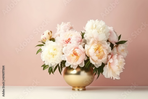 Beautiful blooming white peonies bouquet in a round gold vase against a wall of pastel beige with copy space. Flower banner template. Generative AI photo imitation. © SnowElf