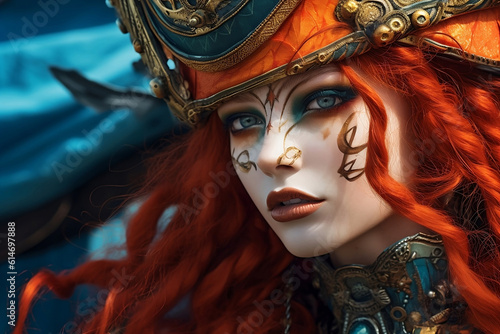 Close up portrait of a red hair sea wench, female private captain, carnival costume 