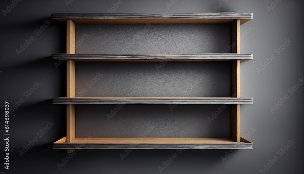 Wooden shelf on a wall, Grey wall with empty wooden shelves, Generative AI Wooden shelf on a wall, Grey wall with empty wooden shelves, Generative AI